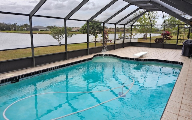 view of pool featuring a water view, a lanai, and a patio area