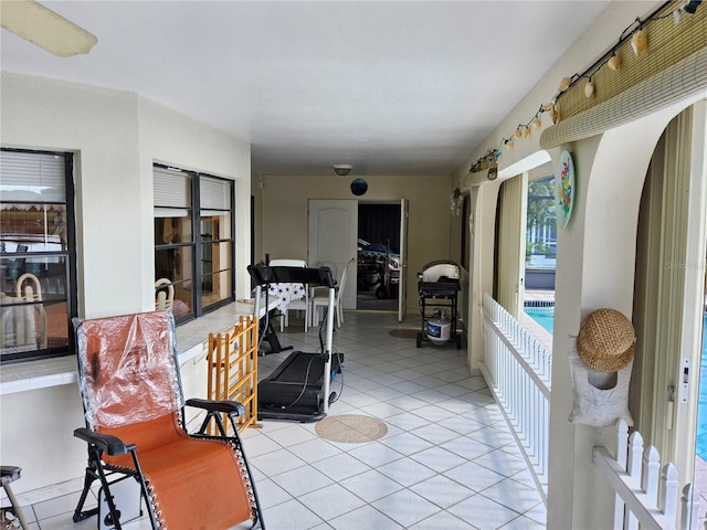 living room featuring light tile patterned floors