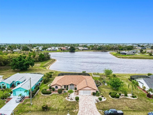 drone / aerial view with a water view