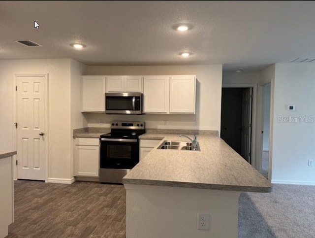 kitchen featuring kitchen peninsula, dark hardwood / wood-style flooring, stainless steel appliances, sink, and white cabinets