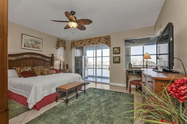 tiled bedroom featuring stainless steel refrigerator, access to exterior, and ceiling fan