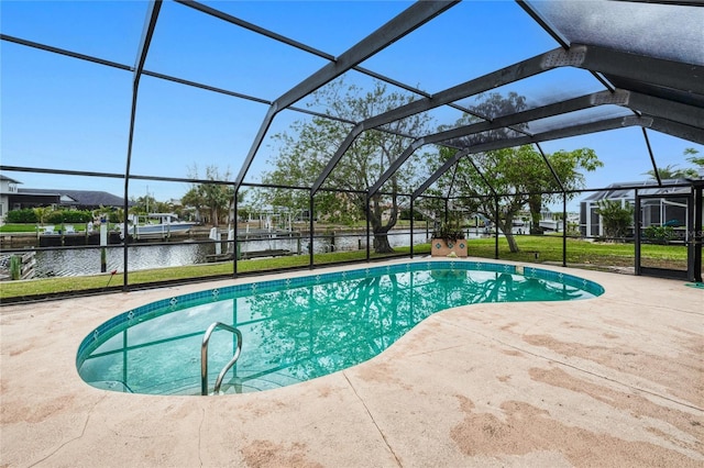 view of swimming pool featuring glass enclosure, a water view, and a patio