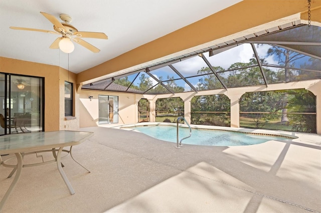 view of pool featuring ceiling fan