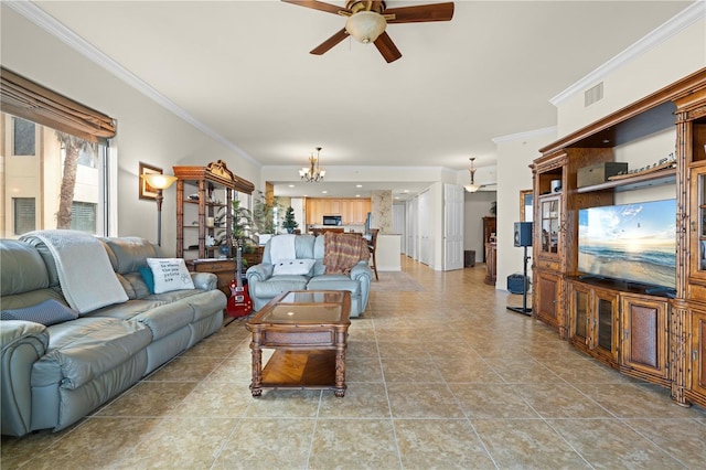 living room featuring ceiling fan with notable chandelier and crown molding