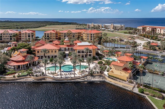 drone / aerial view featuring a water view