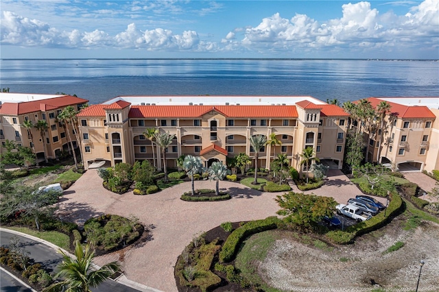 drone / aerial view featuring a water view