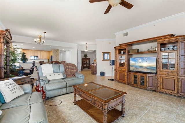 living room with ceiling fan with notable chandelier and ornamental molding