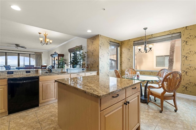 kitchen featuring pendant lighting, light brown cabinets, light stone countertops, black dishwasher, and a kitchen island