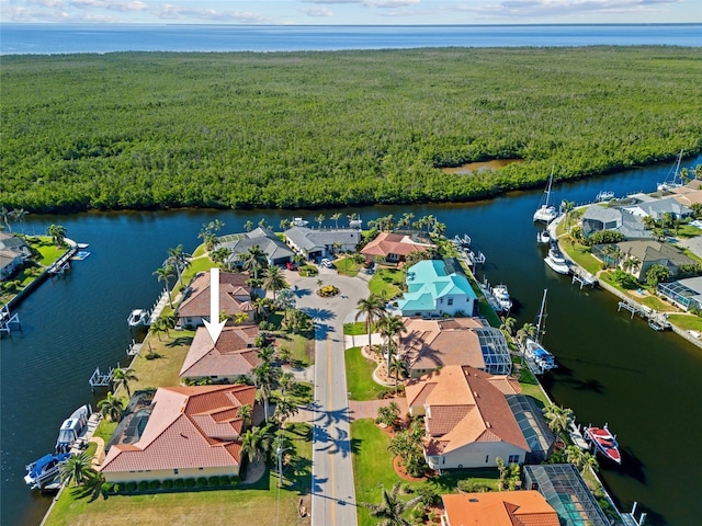 aerial view featuring a water view