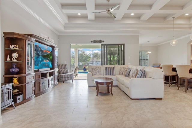 tiled living room featuring ceiling fan, coffered ceiling, beamed ceiling, crown molding, and a towering ceiling