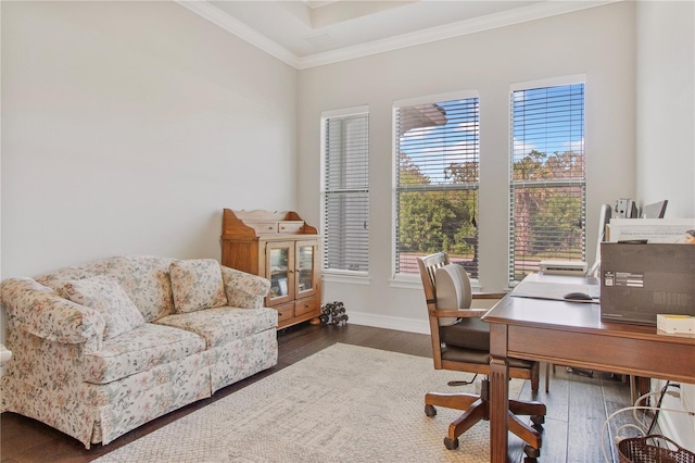 office area with dark hardwood / wood-style floors and ornamental molding