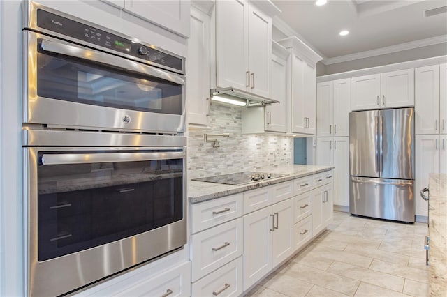 kitchen with decorative backsplash, white cabinetry, crown molding, and stainless steel appliances