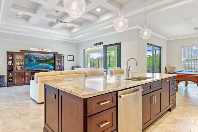 kitchen featuring sink, stainless steel dishwasher, coffered ceiling, and billiards