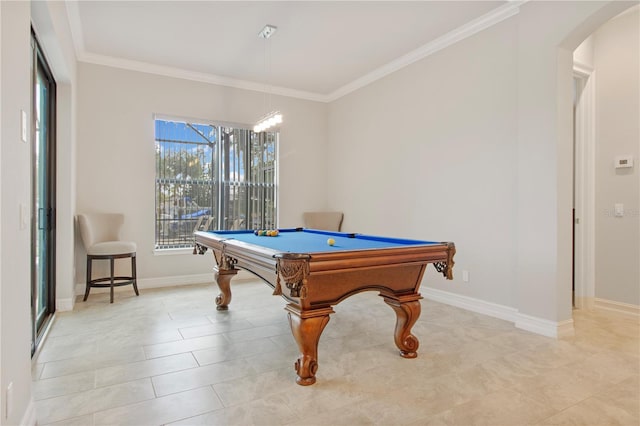 recreation room with crown molding, light tile patterned floors, and billiards