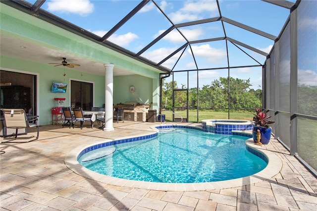 view of swimming pool featuring ceiling fan, a lanai, area for grilling, an in ground hot tub, and a patio