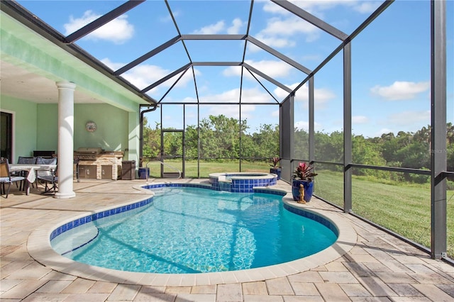 view of pool featuring a lawn, a grill, area for grilling, an in ground hot tub, and a patio