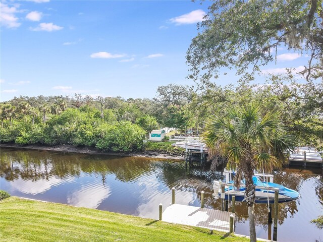 dock area featuring a yard and a water view