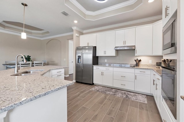 kitchen featuring sink, stainless steel appliances, hanging light fixtures, and a tray ceiling