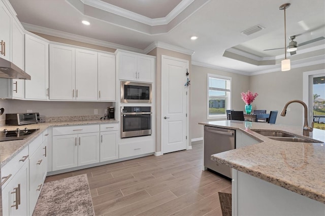 kitchen with stainless steel appliances, a tray ceiling, sink, pendant lighting, and white cabinetry