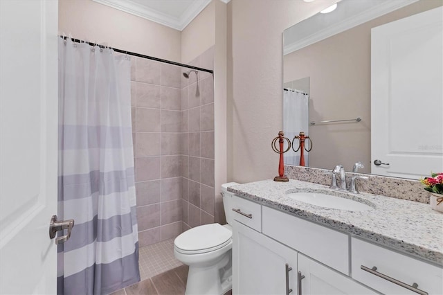 bathroom featuring vanity, toilet, walk in shower, and ornamental molding