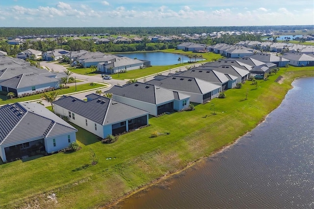 drone / aerial view featuring a water view