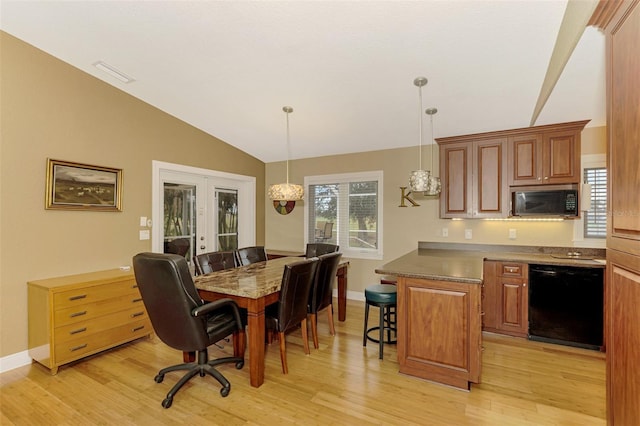 kitchen featuring dishwasher, french doors, a kitchen breakfast bar, light hardwood / wood-style flooring, and decorative light fixtures