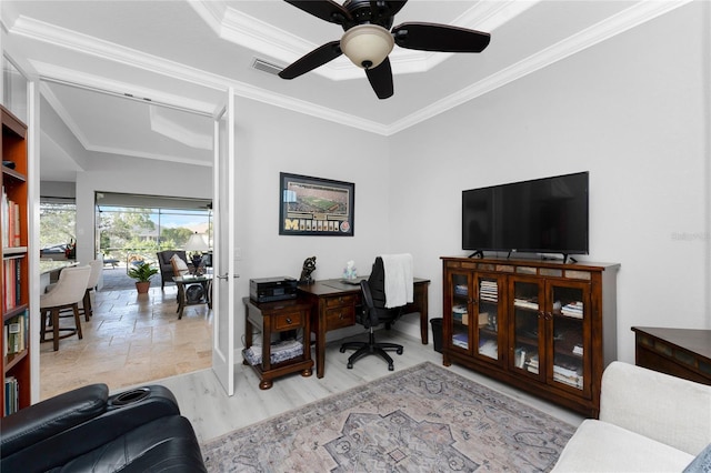 office featuring ceiling fan, ornamental molding, and light hardwood / wood-style flooring