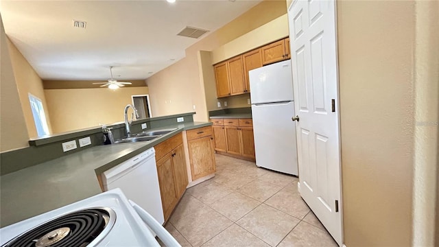 kitchen with ceiling fan, white appliances, sink, and light tile patterned floors