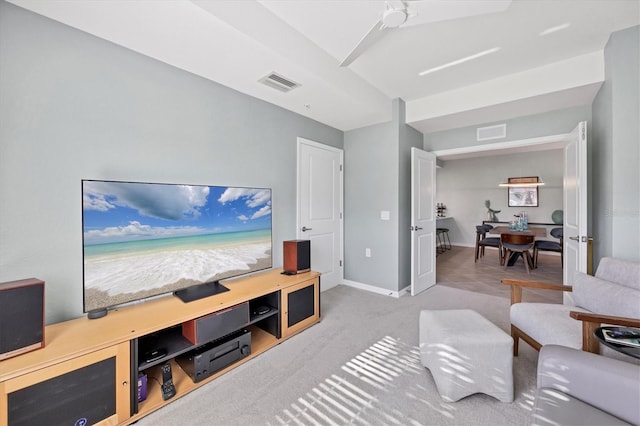 living room featuring light colored carpet