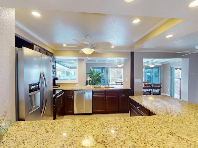 kitchen with crown molding, sink, ceiling fan, light stone countertops, and stainless steel appliances