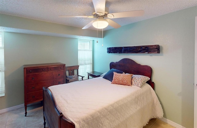 bedroom with a textured ceiling and ceiling fan