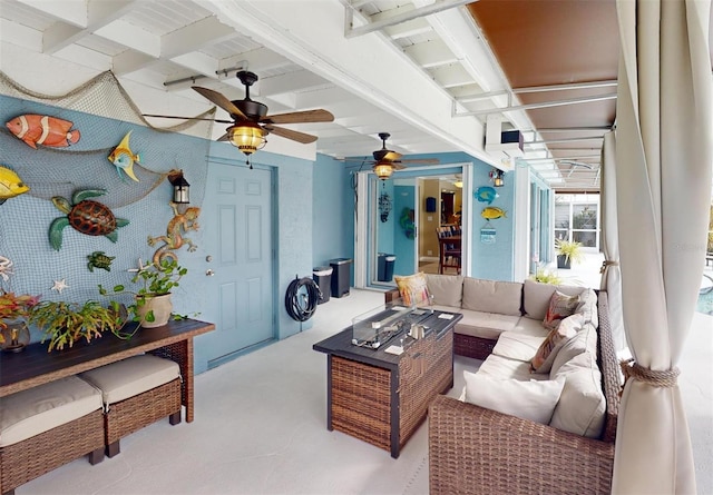 carpeted living room featuring beam ceiling and ceiling fan