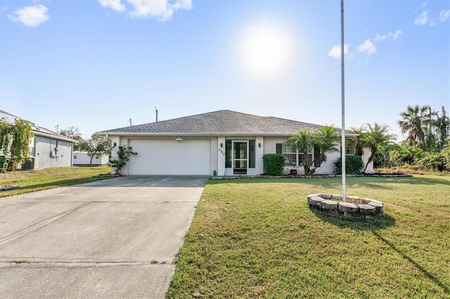 ranch-style house with a front lawn and a garage