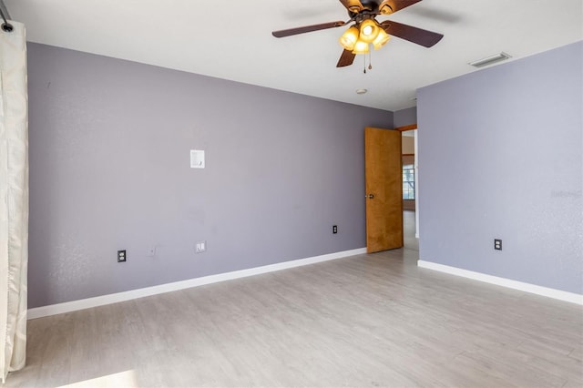 empty room featuring ceiling fan and light hardwood / wood-style flooring