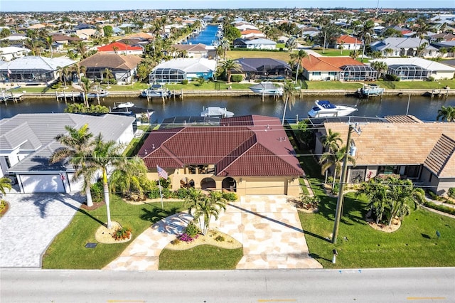 aerial view featuring a water view