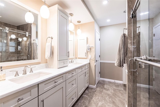 bathroom featuring vanity and walk in shower