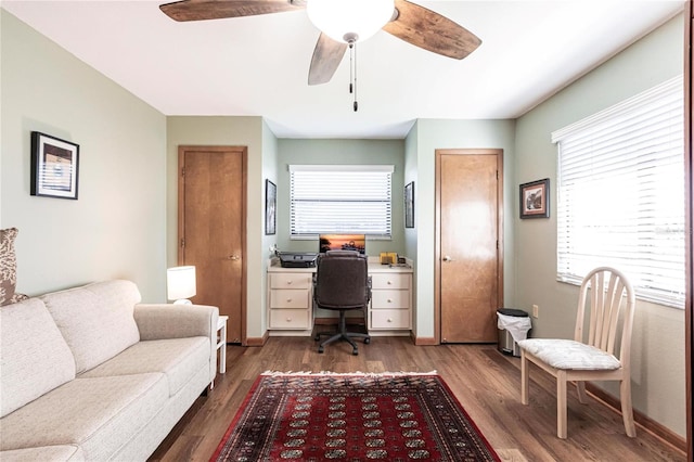 office featuring ceiling fan and dark hardwood / wood-style floors