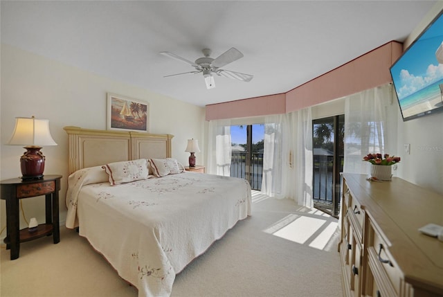 bedroom with light carpet, ceiling fan, and access to exterior