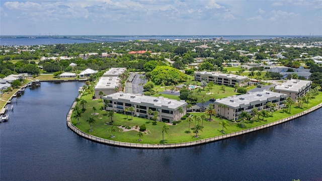 bird's eye view with a water view