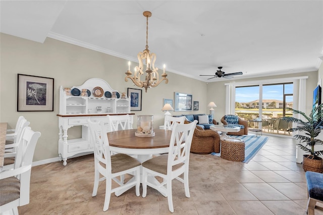 tiled dining room featuring crown molding and ceiling fan with notable chandelier