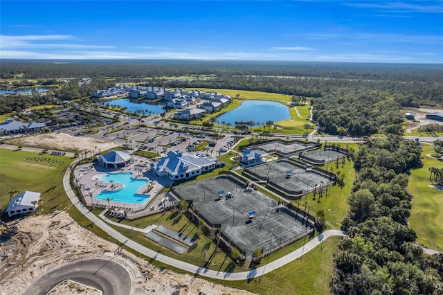 drone / aerial view featuring a water view