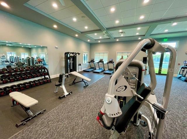 exercise room featuring a drop ceiling