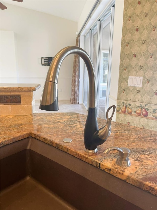 interior details featuring stone counters and sink