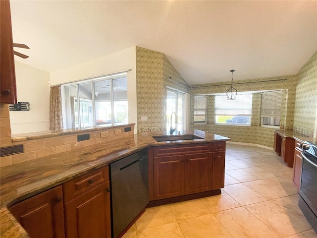 kitchen with ceiling fan, sink, stainless steel appliances, pendant lighting, and light tile patterned floors