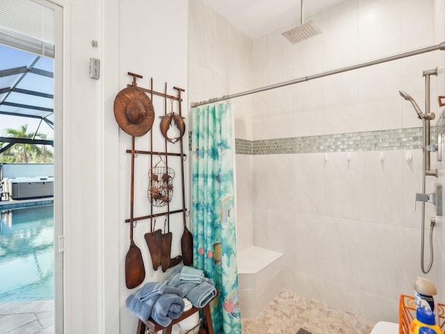 bathroom with a shower with shower curtain and cooling unit