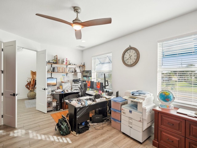 office area featuring ceiling fan and light hardwood / wood-style flooring