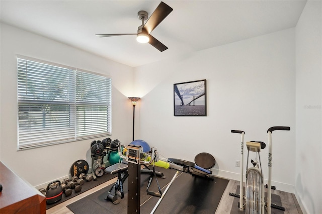 workout room featuring baseboards, wood finished floors, and a ceiling fan