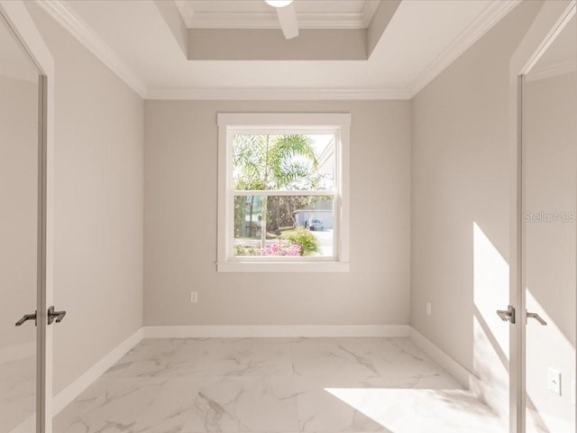 spare room featuring ornamental molding and a tray ceiling