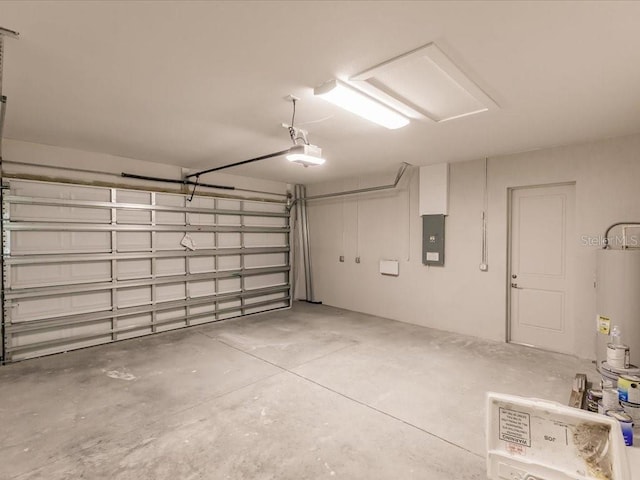 garage featuring electric panel, a garage door opener, and water heater