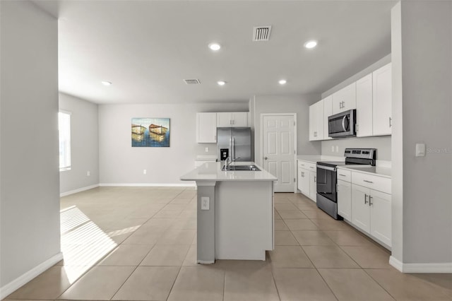 kitchen featuring white cabinetry, an island with sink, appliances with stainless steel finishes, and sink